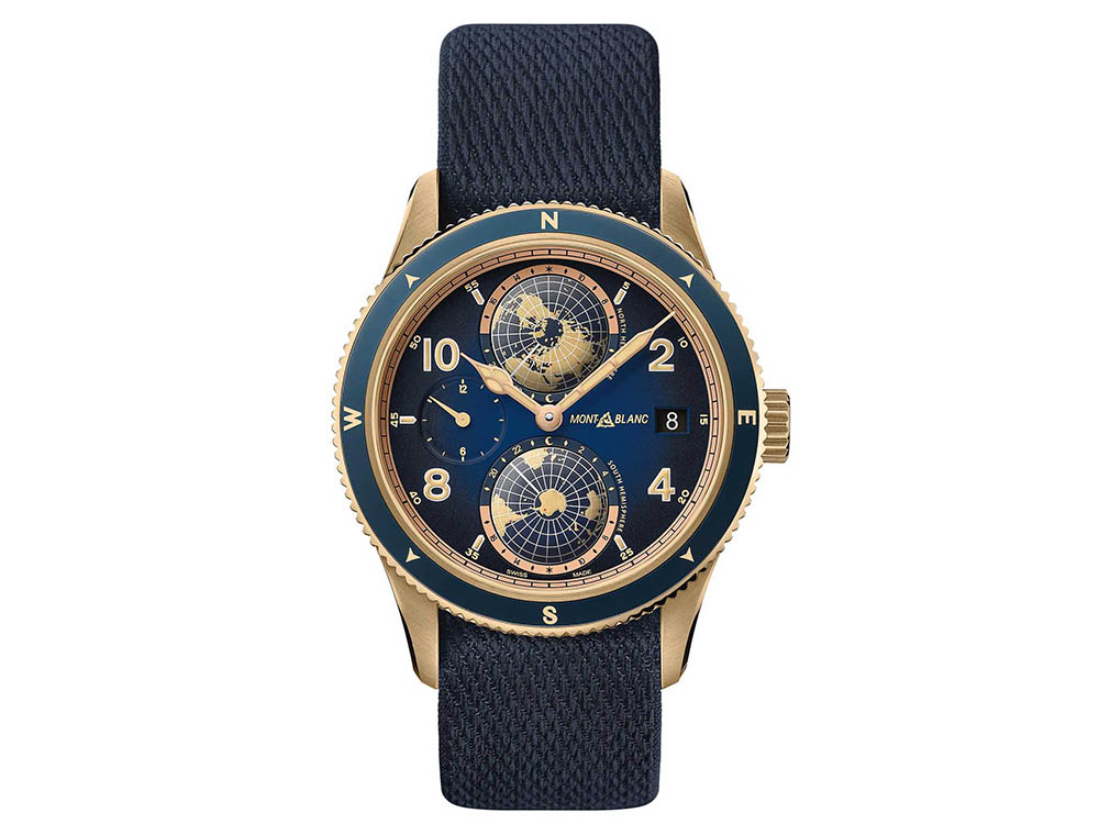 The Montblanc 1858 product line is inspired by the legendary professional Minerva watches from the 1920s and 1930s that were conceived for military use and exploration. Reinterpreting these historical timepieces, the Montblanc 1858 product line expresses the spirit of mountain exploration, embodying the modern trend of returning to nature.

The Montblanc 1858 Geosphere has, from the beginning, been linked to the Seven Summits theme and has always featured Reinhold Messner’s version of the challenge. It is therefore with great pleasure that Montblanc can now introduce a 1858 Geosphere Limited Edition dedicated to Reinhold Messner, the legendary climber and explorer. Limited to 262 pieces, the timepiece is a nod to all the peaks over 26,200 feet that he climbed during his life. It harmoniously combines bronze, blue, and rose gold-coated elements, giving a true vintage aesthetic and reminding us of the mountaineering exploration tools from the past. The caseback features an image of the Mont Blanc mountain, the complete Messner’s list, a compass, and two crossed ice pick-axes. An engraving of Messner’s signature has also been specially added for the Limited Edition. The timepiece is powered by the Manufacture automatic Caliber MB 29.25, with a worldtime complication that includes two turning domed globes representing the northern and southern hemispheres which make a full rotation every 24 hours. Both are surrounded by a scale with the 24 time zones, along with a day and night indication in contrasting colors. This provides an instinctive way of appreciating the different time zones, aided by luminescent continents for increased visibility and performance at night. The timepiece is completed with a luxury blue NATO strap that is hand-made in France using traditional methods that make it not only light, soft, and very comfortable on the wrist but also highly resistant and quick drying.