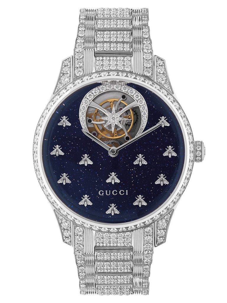 GUCCI G Timeless 40mm，藍色砂金石錶盤，鑽石，18k白金，陀飛輪機芯，動力儲存110小時 建議零售價新台幣 7150000