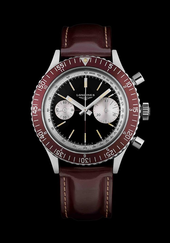 1967浪琴表Skindiver計時碼錶，ref. 7981 酒紅色旋轉錶圈，可計時12小時與60分鐘 三件式錶殼搭載旋入式底蓋，直徑40毫米 改裝自30CH機芯的飛返功能530機芯 計時碼錶，3點鐘加大30分鐘計盤