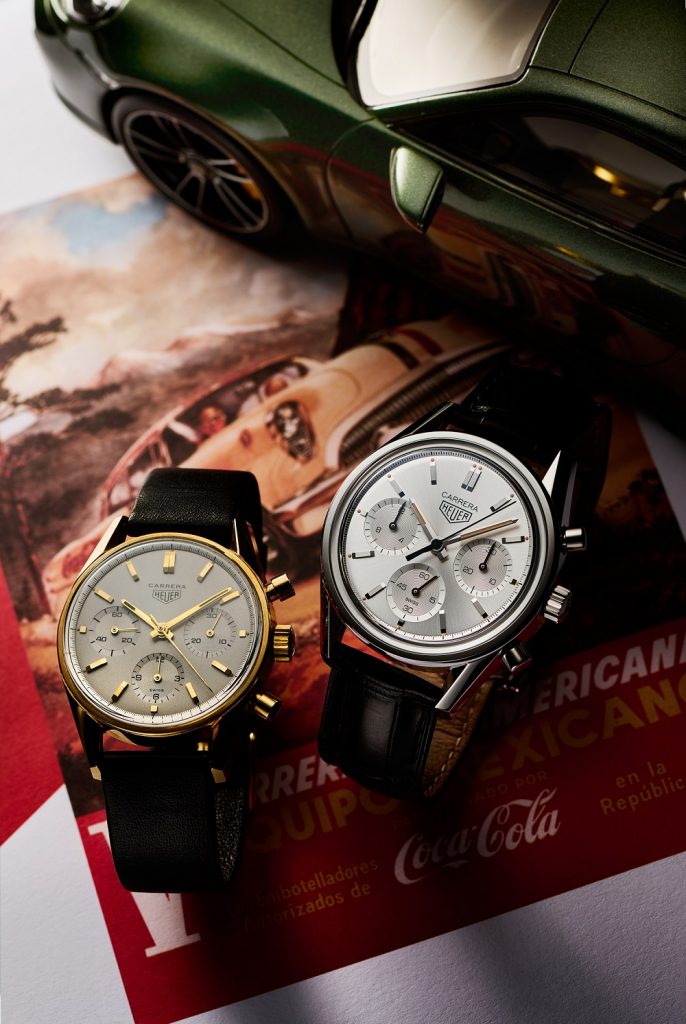 左Heuer Carrera 2456古董錶，搭載Valijoux 72機芯 右TAG Heuer Carrera H02 160週年限量銀面計時腕錶，參考編號CBK221B.FC6479，建議售價約NT212000