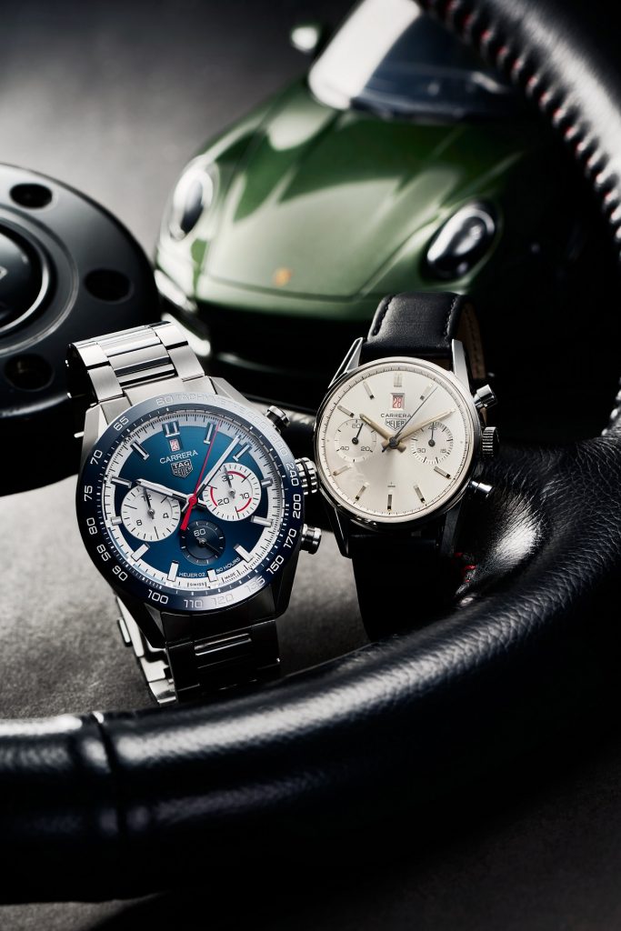 左TAG Heuer Carrera Sport H02 160 週年限量藍面計時腕錶，參考編號CBN2A1E.BA0643，建議售價NT195200 右Heuer Carrera Dato 45，型號3147