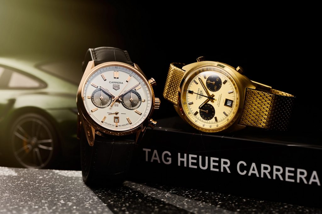 左TAG Heuer Carrera傑克‧豪雅生日紀念限量計時金錶，參考編號CBN2041.FC8306，建議售價NT 605700 右 Heuer Carrera 1158，Calibre 12機芯