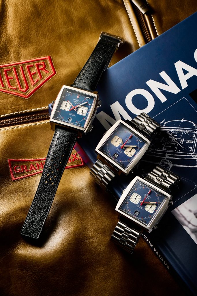 左TAG Heuer Monaco腕錶，參考編號CAW211P.FC6356 中Monaco 1133B Transitional 1970年 右Monaco McQueen 1133B 1972年