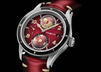 The Montblanc 1858 product line is inspired by the legendary professional Minerva watches from the 1920s and 1930s, which were conceived for military use and exploration. Reinterpreting these historical timepieces, the Montblanc 1858 product line expresses the spirit of mountain exploration, embodying the modern trend of returning to nature.

The Montblanc 1858 Geosphere Kawa Karpo is dedicated to the world’s Seven Summit mountaineering challenge, the holy grail of mountaineering adventures. It comes in a 42 mm titanium case combined with smoked red lacquered dial and contrasting beige design details. The timepiece features a manufacture world-time complication developed by the Montblanc watchmakers in Villeret: two domed globes, turning in opposite directions, that complete a full rotation in 24 hours. Both are surrounded by a scale with the 24 time zones, along with a day and night indication in contrasting colors. This provides an instinctive way of appreciating the different time zones, aided by luminescent continents for increased visibility and performance at night. The timepiece is completed with a red Sfumato calf leather strap with beige stitching.
