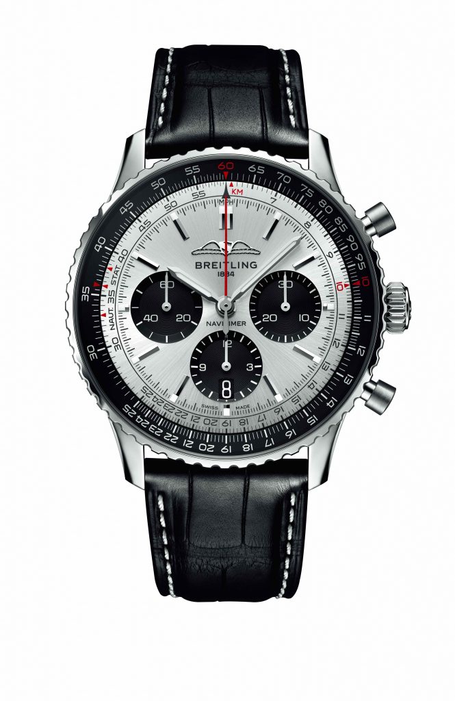 30 BREITLING Navitimer B01 Chronograph 43航空計時精鋼腕錶，銀色錶盤皮帶款，建議售價NT 272000