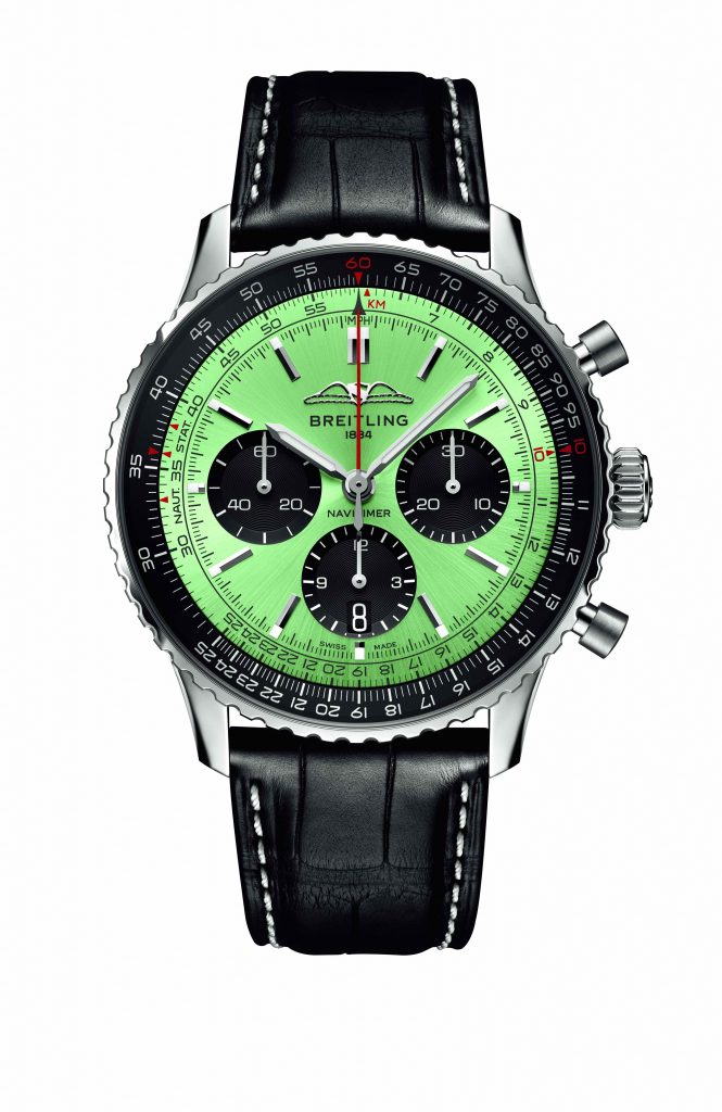 50 BREITLING Navitimer B01 Chronograph 43航空計時精鋼腕錶，薄荷綠色錶盤皮帶款，建議售價NT 272000