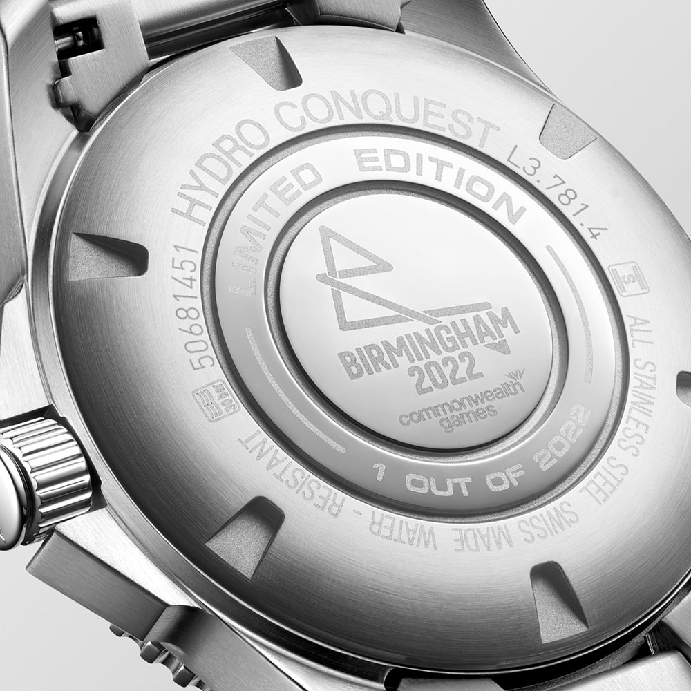 Longines 浪琴表 HydroConquest 深海征服者系列大英國協運動會紀念腕錶 錶底蓋鐫刻2022伯明翰運動會標誌，以及「Limited Edition 1 out of 2022」（限量版 2022只之一）