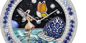 Extraordinary Dials Collection, Charms Papillon Féerique watch. 38 mm white gold case; white gold bezel, round diamonds, round sapphires; rose and white gold rotating charm, marquise-cut diamond, round sapphires; foreground white gold butterfly, marquise-cut diamond, plique-à-jour enamel, white mother-of-pearl, miniature painting, mother-of-pearl glitters, rose gold fairy, rose-cut and round diamonds, miniature painting, mother-of-pearl glitters, white gold water lily, round buff-topped sapphires, miniature painting, white gold body of water, paillonné enamel; background white gold, round diamonds, black aventurine, miniature painting; white gold crown, round diamond; two interchangeable shiny lapis alligator or shiny white alligator straps; white gold interchangeable pin buckle, round diamonds; DEF, IF to VVS diamonds; Swiss quartz movement; numbered edition.