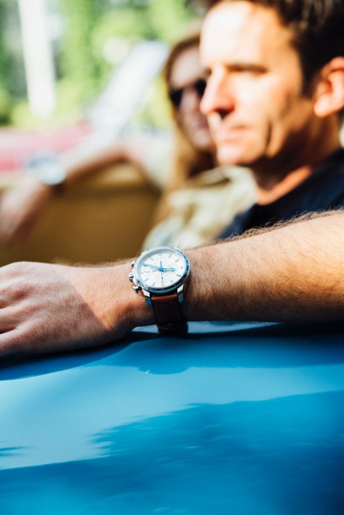 SChopard Ambassador Romain Dumas wearing the Mille Miglia 2022 Race Edition 1