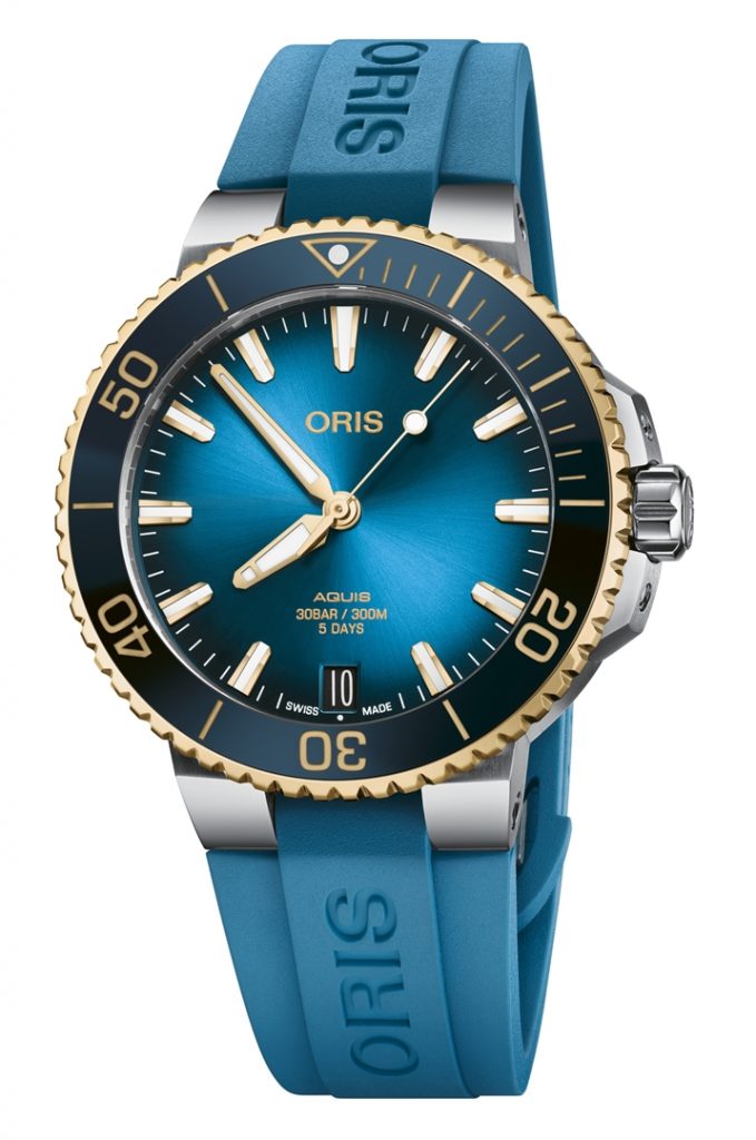 Oris Aquis Cal. 400日期腕錶，建議售價NT120000 18K金藍面RS