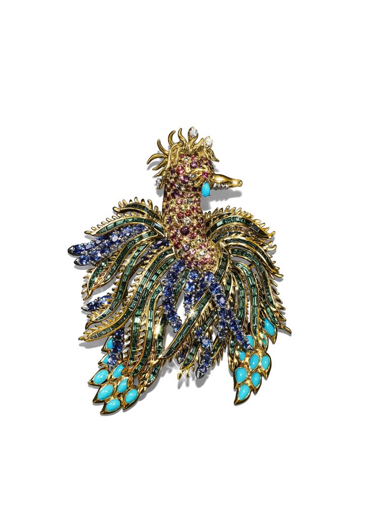 Tiffany Schlumberger® Phoenix 鉑金和18K金胸針，鑲嵌藍碧璽、 綠碧璽、綠松石、多彩藍寶石及鑽石