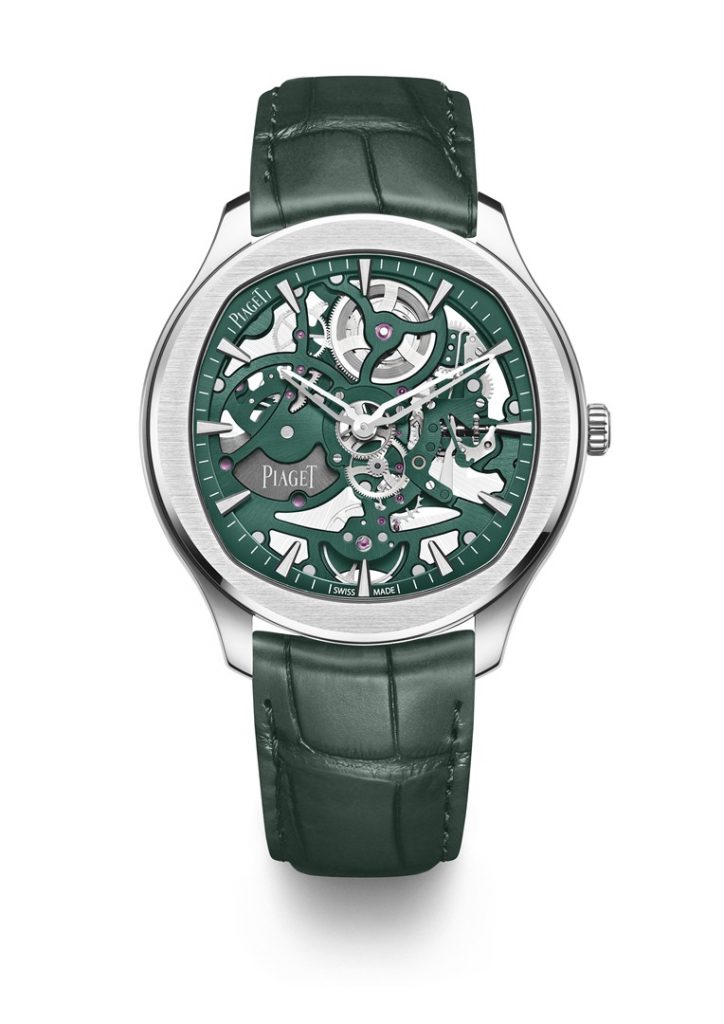 PIAGET Polo系列孔雀綠鏤空超薄精鋼腕錶，建議售價NT960000 G0A47008 孔雀綠鱷魚皮錶帶