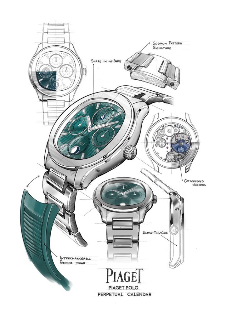【發布日期請於2月6日8PM後】PIAGET Polo系列礦石綠超薄萬年曆自動腕錶，搭載1255P機芯 G0A48005 設計稿圖