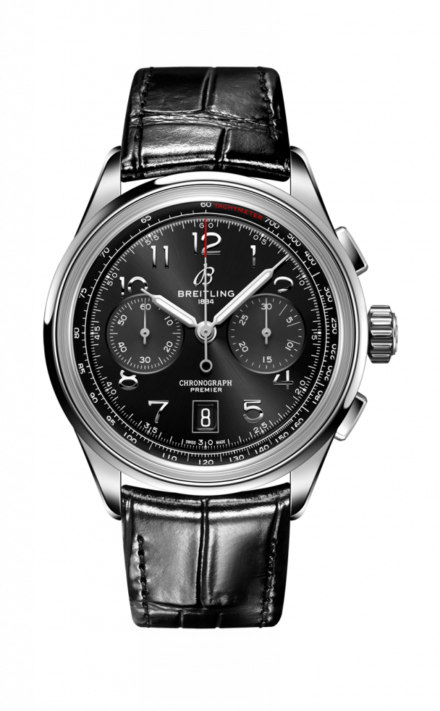 01 BREITLING Premier B01 Chronograph 42計時腕錶，黑色錶盤搭配黑色鱷魚皮錶帶，建議售價 NT 267000