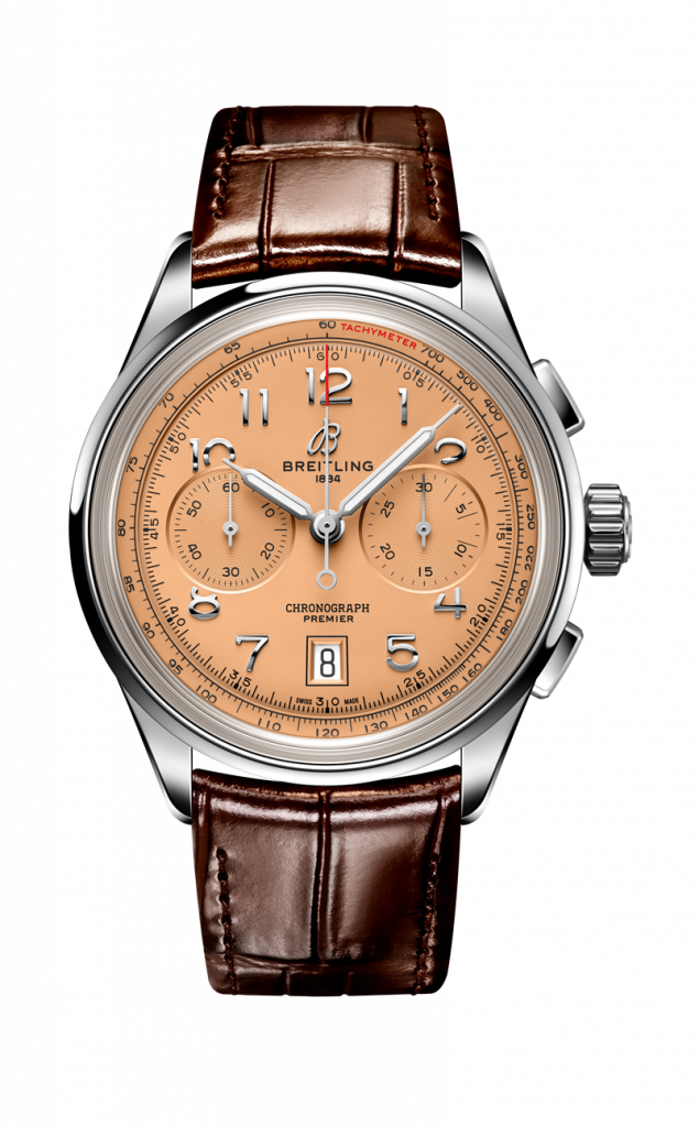 03 BREITLING Premier B01 Chronograph 42計時腕錶，鮭魚色錶盤搭配棕色鱷魚皮錶帶，建議售價 NT 267000
