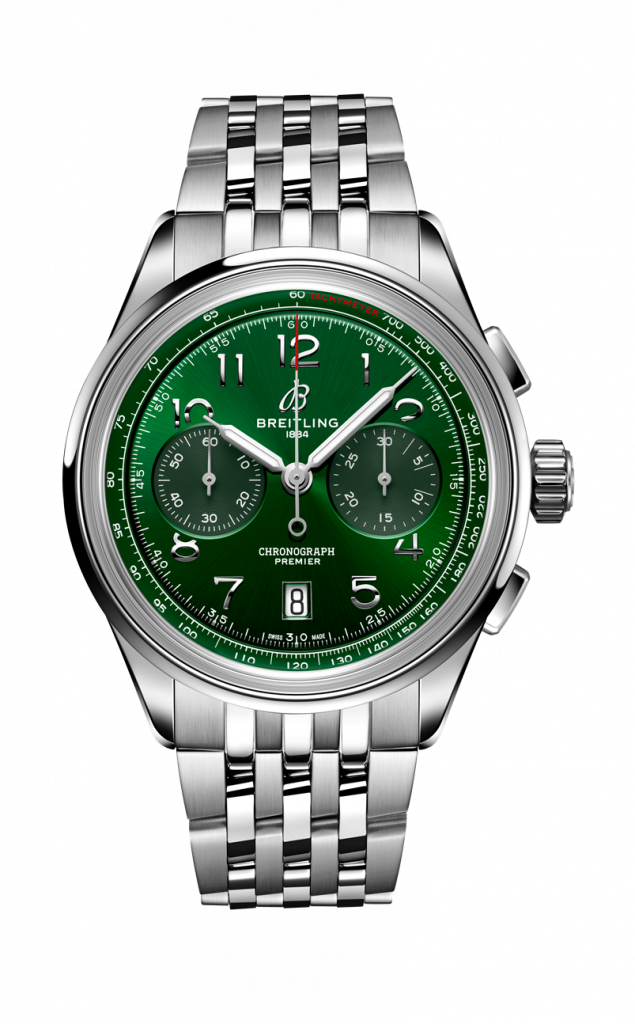04 BREITLING Premier B01 Chronograph 42計時腕錶，綠色錶盤搭配精鋼鏈帶，建議售價 NT 279000
