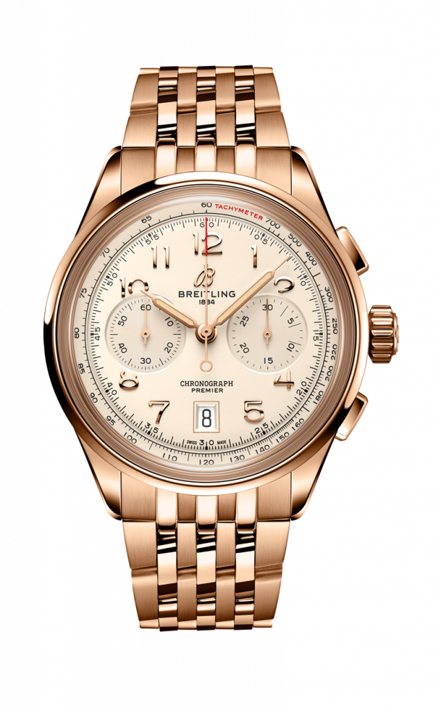 06 BREITLING Premier B01 Chronograph 42 18K紅金計時腕錶，奶油色錶盤搭配18K紅金鏈帶，建議售價 NT 1192000