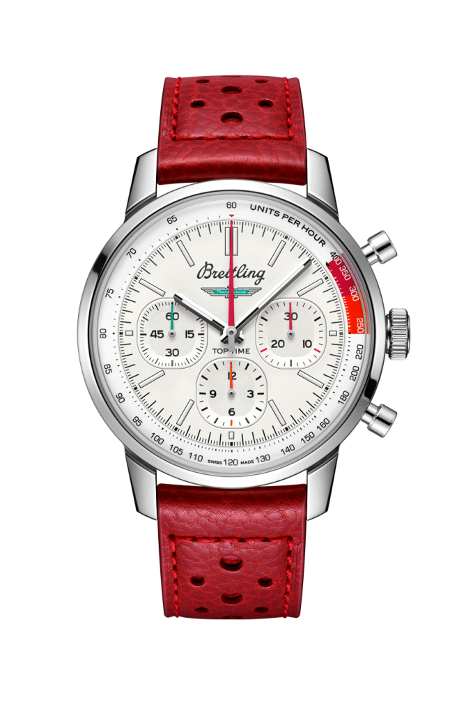 07 BREITLING Top Time B01 Ford Thunderbird計時腕錶，紅色小牛皮錶帶，建議售價 NT 236000