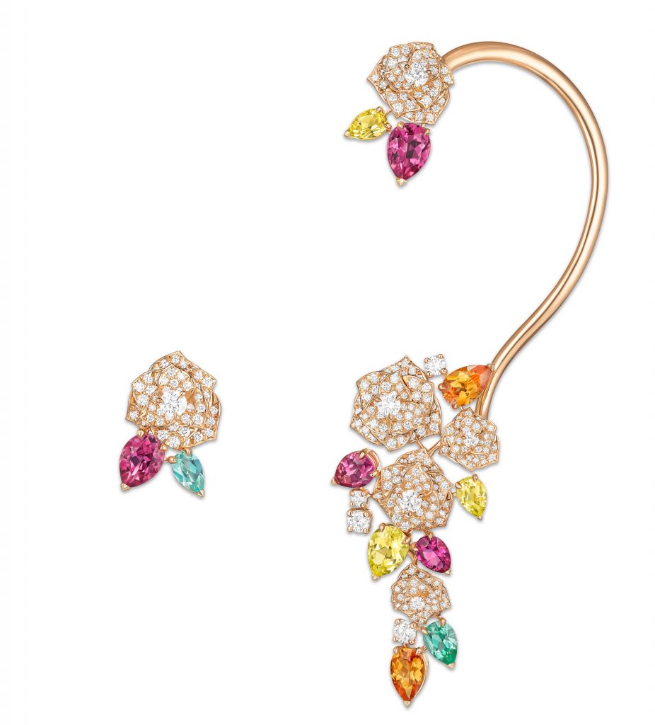 PIAGET Rose 系列錳鋁榴石及帕拉伊巴碧璽鑲鑽耳環，建議售價約NT3200000 G38U0091