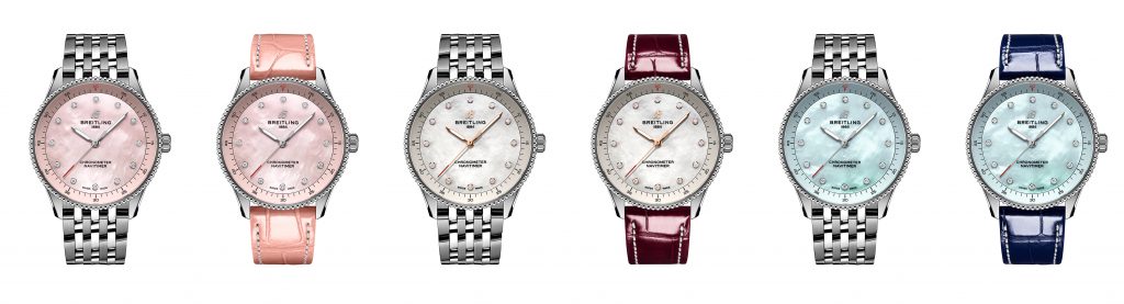 百年靈Navitimer 32航空腕錶，精鋼材質，粉色珍珠母貝錶盤搭配精鋼鏈帶，建議售價NT 135000