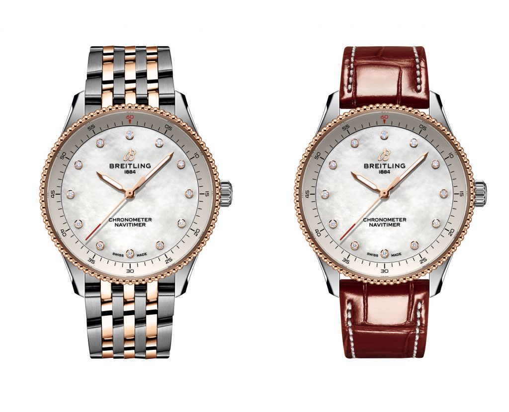 百年靈Navitimer 32航空腕錶，精鋼與18K紅金材質搭配雙色鏈帶，建議售價NT 234000