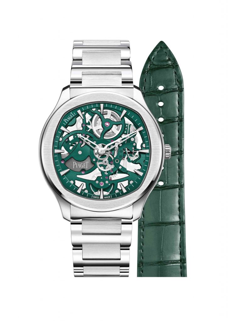 PIAGET Polo系列孔雀綠超薄鏤空自動上鍊腕錶，建議售價NT1090000 G0A47008 隨附孔雀綠鱷魚皮錶帶