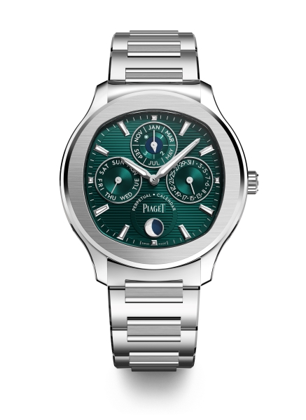 PIAGET Polo系列礦石綠超薄萬年曆自動腕錶，搭載1255P機芯，建議售價約NT1890000 G0A48005