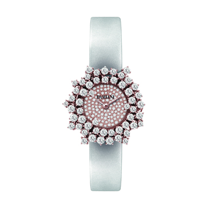 DAMIANI Mimosa含羞草系列18K玫瑰金鑽錶，密鑲鑽石錶盤與白色緞面錶帶，建議售價NT 1100000