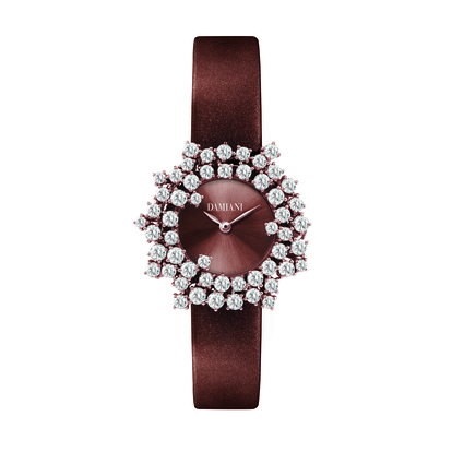 DAMIANI Mimosa含羞草系列18K玫瑰金鑽錶，巧克力色太陽紋錶盤與巧克力色緞面錶帶，建議售價NT 830000 1