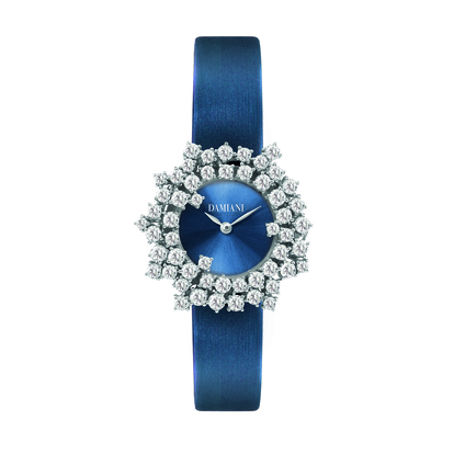 DAMIANI Mimosa含羞草系列18K白金鑽錶，藍色太陽紋錶盤與藍色緞面錶帶，建議售價NT 830000 1