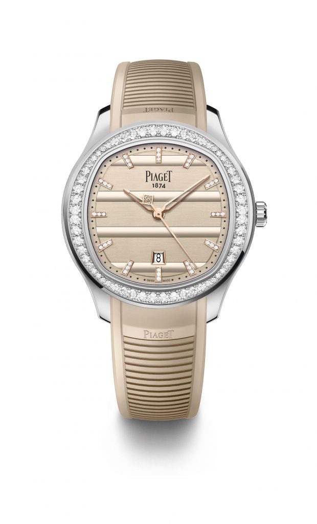 PIAGET Polo系列36毫米日期顯示自動上鍊鑽石腕錶，搭配奶油色橡膠錶帶，伯爵150週年紀念款，全球限量300只G0A49028