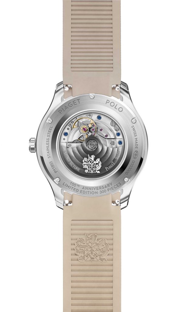 PIAGET Polo系列36毫米日期顯示自動上鍊鑽石腕錶，搭配奶油色橡膠錶帶，伯爵150週年紀念款，全球限量300只G0A49028 背面圖