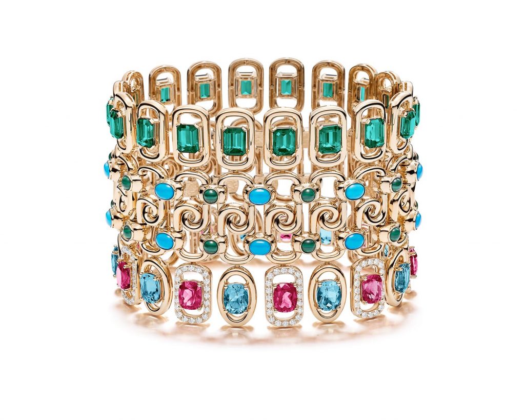 PIAGET Essence of Extraleganza頂級珠寶暨腕錶系列18K玫瑰金彩色寶石手鐲，建議售價約16500000 G36N3416
