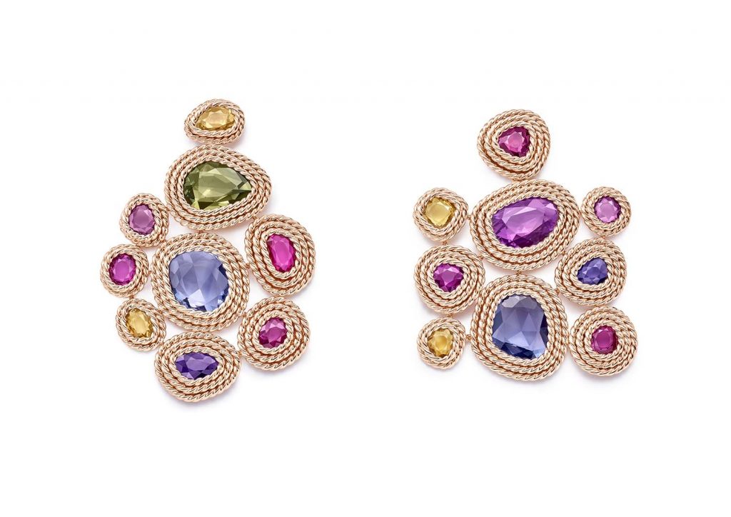 PIAGET Essence of Extraleganza頂級珠寶暨腕錶系列18K玫瑰金彩色藍寶石耳環，建議售價約NT3580000 G38T77