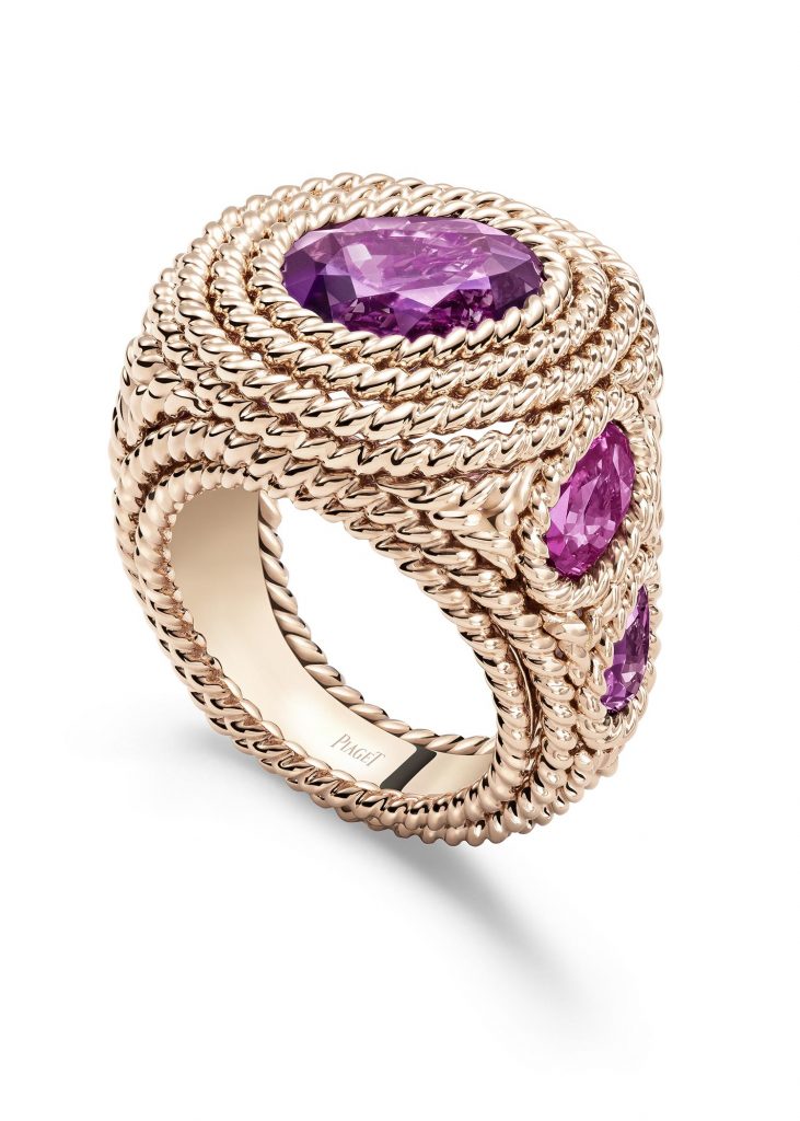 PIAGET Essence of Extraleganza頂級珠寶暨腕錶系列18K玫瑰金粉紅藍寶石戒指，建議售價約NT1430000 G34Q0453