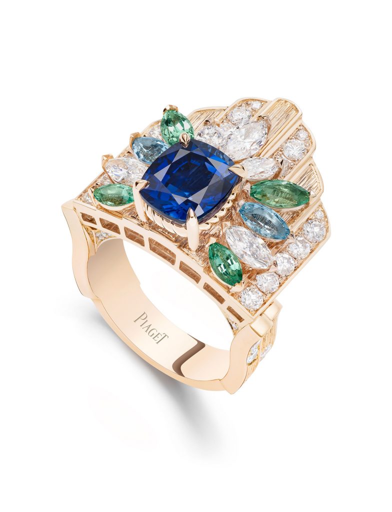PIAGET Essence of Extraleganza頂級珠寶暨腕錶系列18K玫瑰金藍寶石及彩色寶石戒指，建議售價約NT5550000 G34Q1554