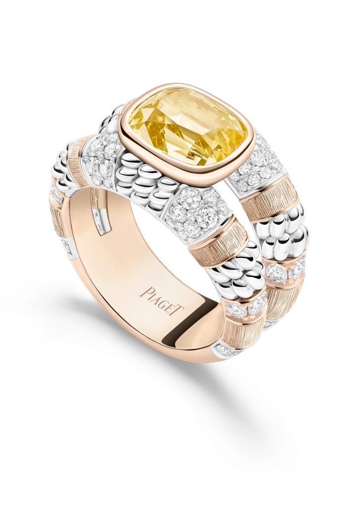 PIAGET Essence of Extraleganza頂級珠寶暨腕錶系列18K玫瑰金鉑金黃色藍寶石戒指，建議售價約NT2860000 G34Q0754