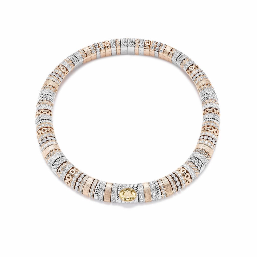 PIAGET Essence of Extraleganza頂級珠寶暨腕錶系列18K玫瑰金鉑金黃色藍寶石項鍊，建議售價約NT16300000 G37T2000