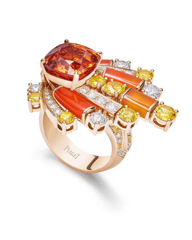 PIAGET Essence of Extraleganza頂級珠寶暨腕錶系列18K玫瑰金錳鋁榴石及彩色寶石戒指，建議售價約NT5750000 G34Q2954 複製