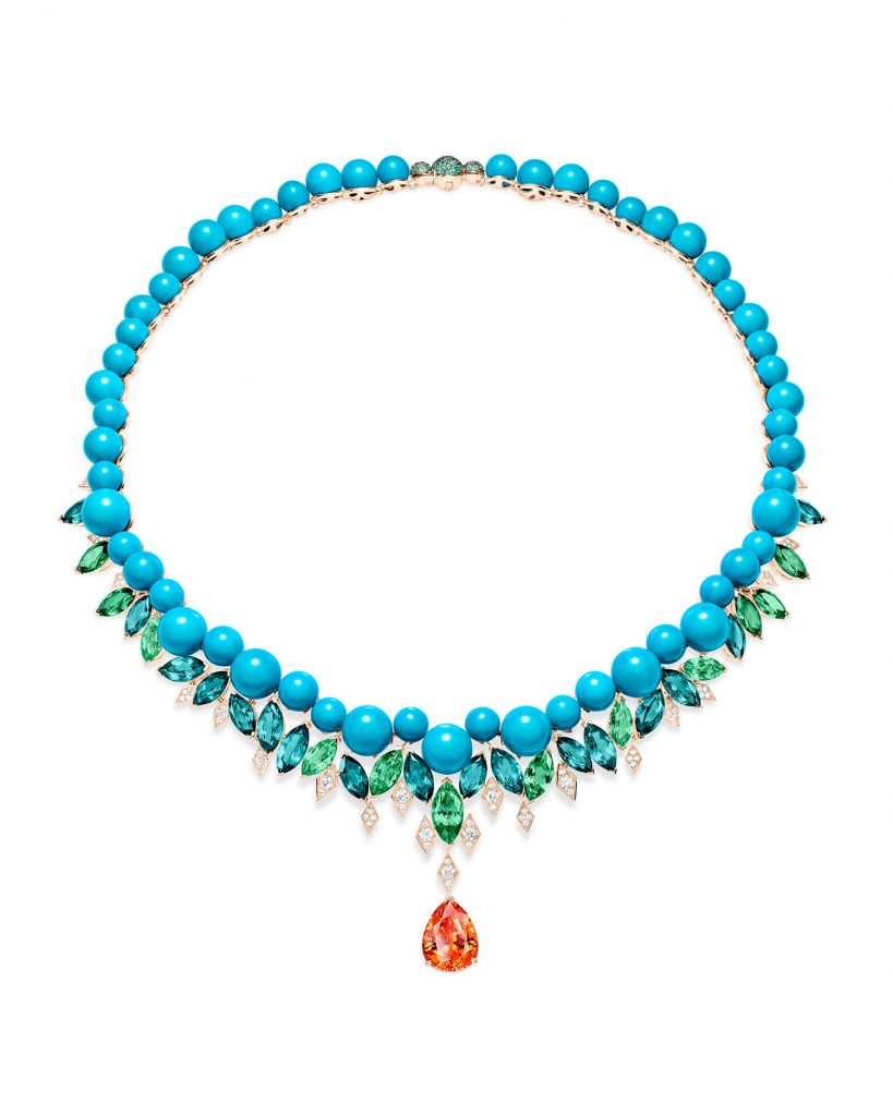 PIAGET Essence of Extraleganza頂級珠寶暨腕錶系列18K玫瑰金黃色藍寶石與土耳其石項鍊，建議售價約NT14700000 G37T2700