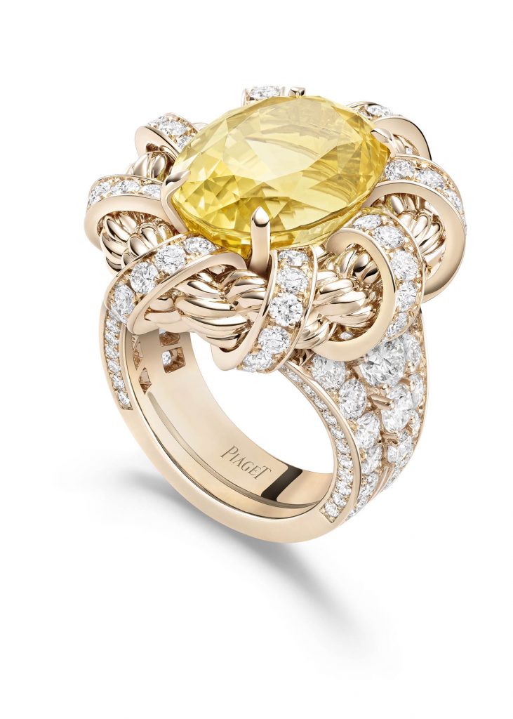 PIAGET Essence of Extraleganza頂級珠寶暨腕錶系列18K玫瑰金黃色藍寶石鑽石戒指，建議售價約NT7900000 G34Q3454