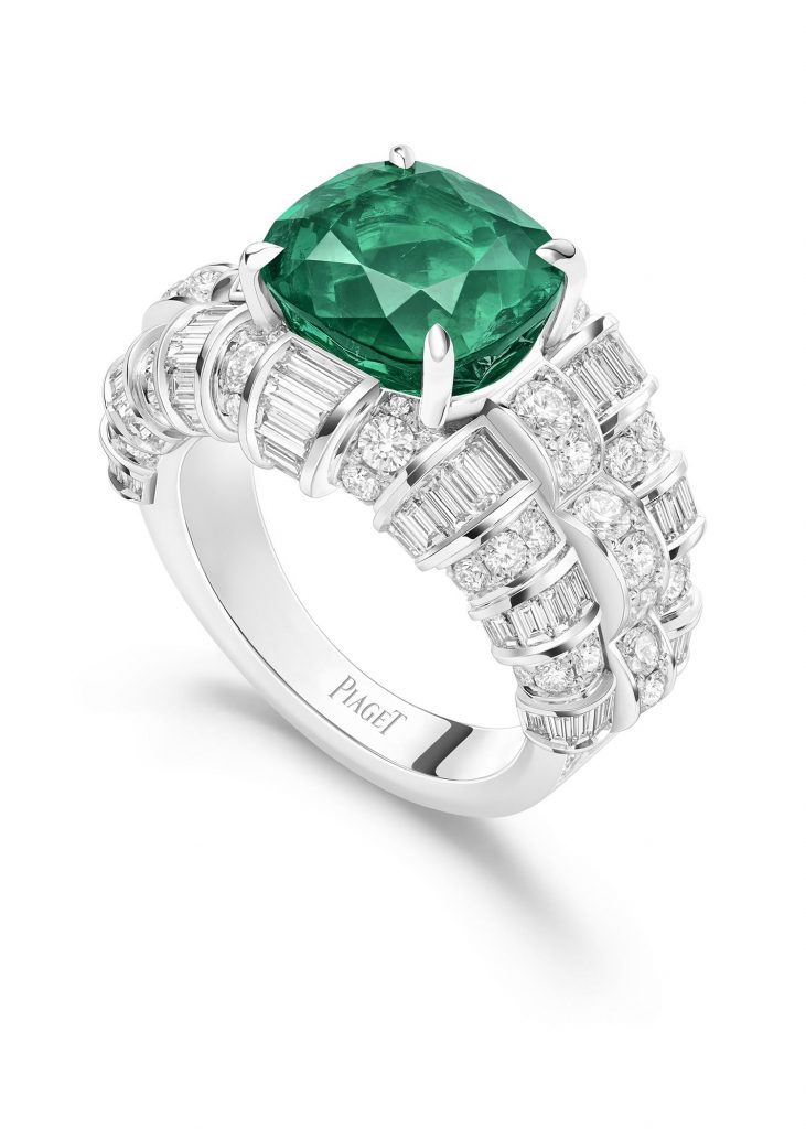 PIAGET Essence of Extraleganza頂級珠寶暨腕錶系列18K白金祖母綠鑽石戒指，建議售價約NT14300000 G34Q1654