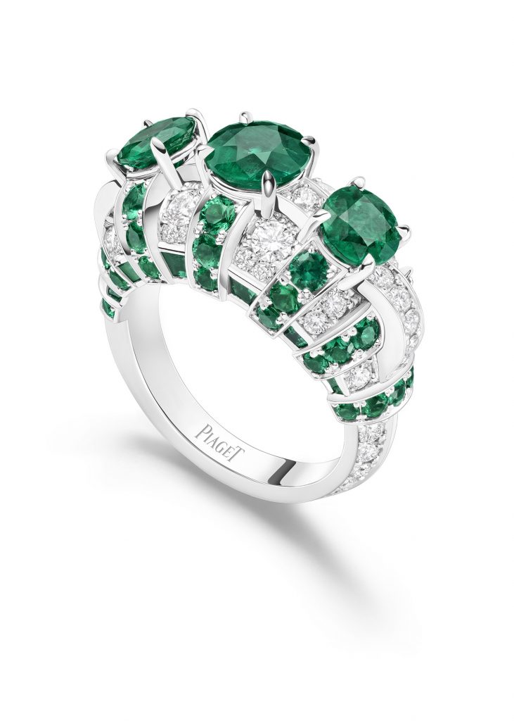 PIAGET Essence of Extraleganza頂級珠寶暨腕錶系列18K白金祖母綠鑽石戒指，建議售價約NT6250000 G34Q1754
