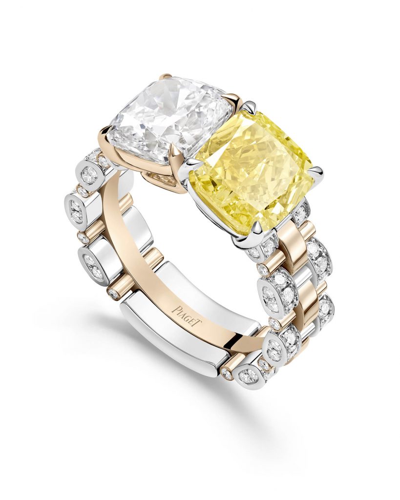 PIAGET Essence of Extraleganza頂級珠寶暨腕錶系列18K黃金與鉑金黃鑽戒指，建議售價約NT21500000 G34Q3200
