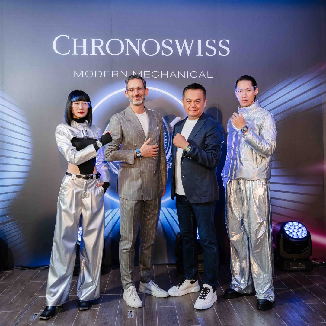左起為女模特兒佩戴Strike Two H2O腕錶，瑞寶 Chronoswiss全球銷售總監Rocco配戴Delphis Sub Zero腕錶，瑞寶 Chronoswiss台灣區代表Wells配戴ReSec Aurora腕錶，男模特兒佩戴Delphis Horizon德爾菲天行者腕錶