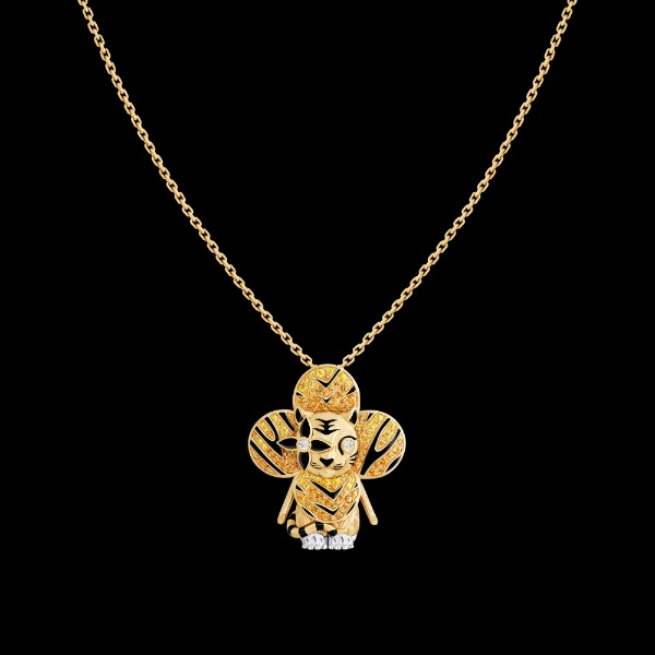 resized 【獨家商品】VIVIENNE TIGER 吊墜 配黃K金、白K金、亮漆、鑽石及彩色寶石 1330000型號 Q93974 109顆黃色剛玉，錳鋁榴石，14顆鑽石，共約重0.24克拉