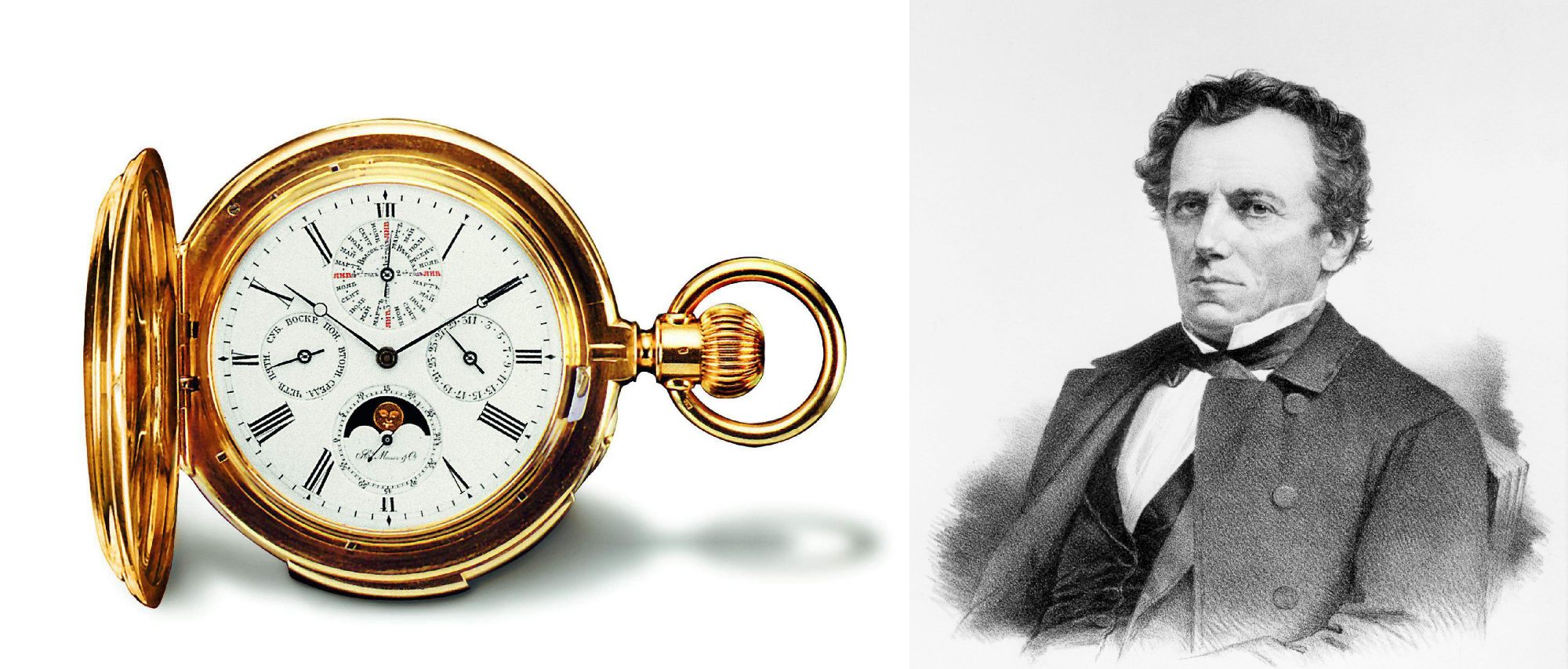 Minute Repeater分鐘三問表款帶有萬年曆與月相顯示功能，大約於1870年出產
