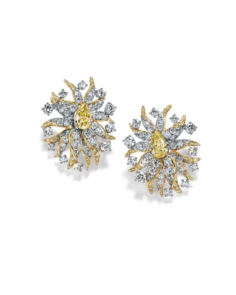 Tiffany Co. 2024 Blue Book高級珠寶系列Tiffany Celeste 蒼穹萬象 熾陽之焰（Flames）主題 鉑金及18K黃金鑲嵌總重逾2克拉的濃彩黃鑽及鑽石耳環