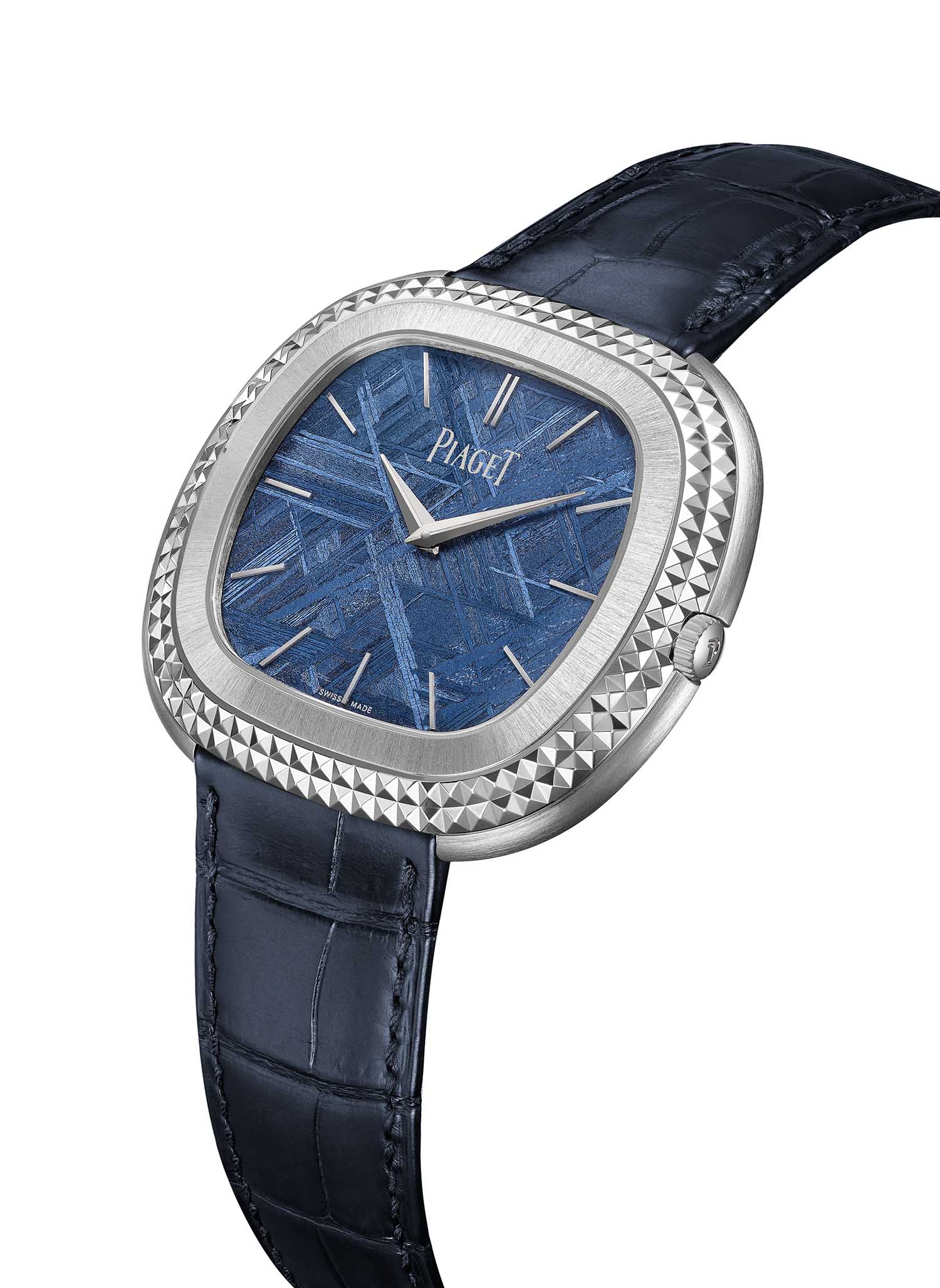 PIAGET Andy Warhol系列18K白金巴黎釘紋藍色隕石面盤自動上鍊腕錶，搭載自製501P1機芯，價格店洽 PGG0A49238 側面圖