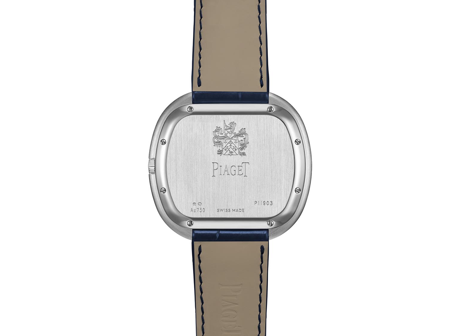 PIAGET Andy Warhol系列18K白金巴黎釘紋藍色隕石面盤自動上鍊腕錶，搭載自製501P1機芯，價格店洽 PGG0A49238 背面鐫刻伯爵家徽